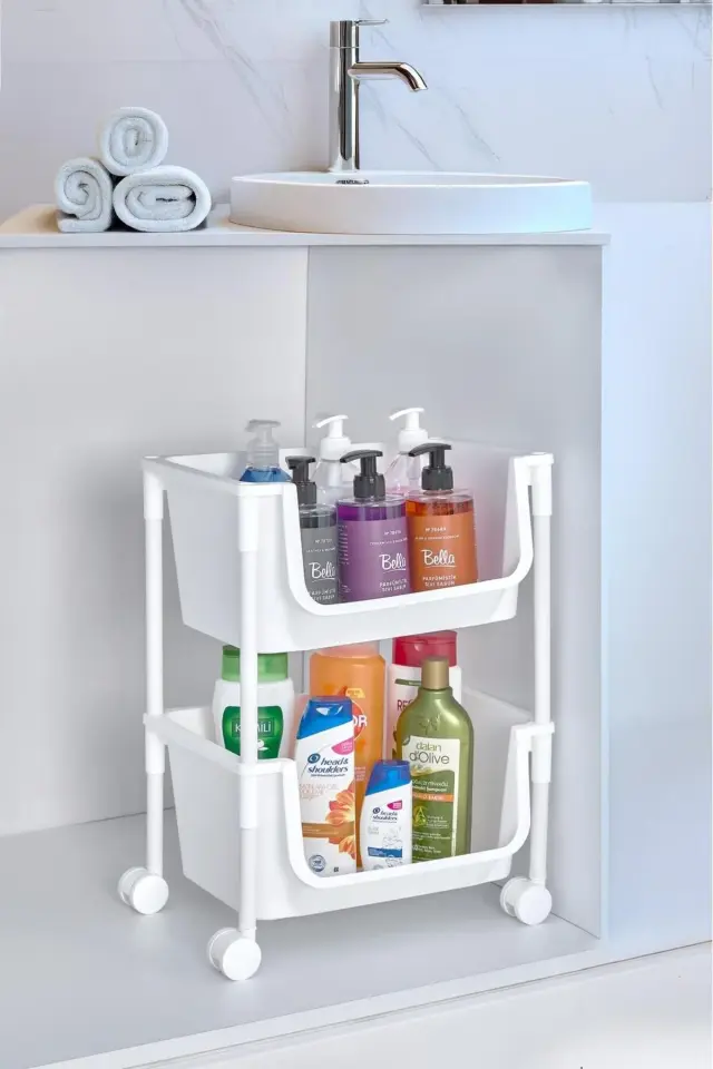 2 Katlı Tekerlekli Organizer Raf Modern Portratif Kiler Düzenleyici Sepet,Mutfak Rafı Oyuncak Dolabı